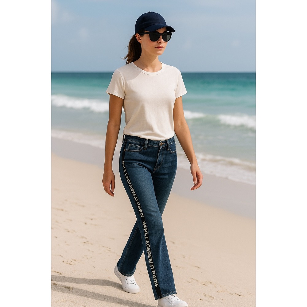 KARL LAGERFELD PARIS Women's Blue Denim Jeans with Logo‎ Tape Size 14
